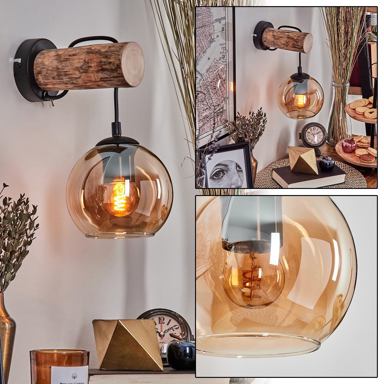 hofstein Wandleuchte Wandlampe aus Metall/Holz/Glas in Schwarz/Natur/Bernst günstig online kaufen