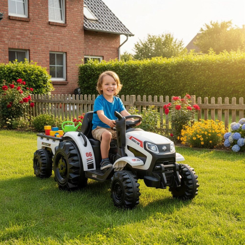 Hecht Elektro-Kindertraktor mit abnehmbarm Anhänger bis 5km/h, bis 30kg, 12V / 10 Ah, Belastbarkeit 30 kg, Hupe, Scheinwerfer, Traktor Sounds, Radio, USB, AUX, SD