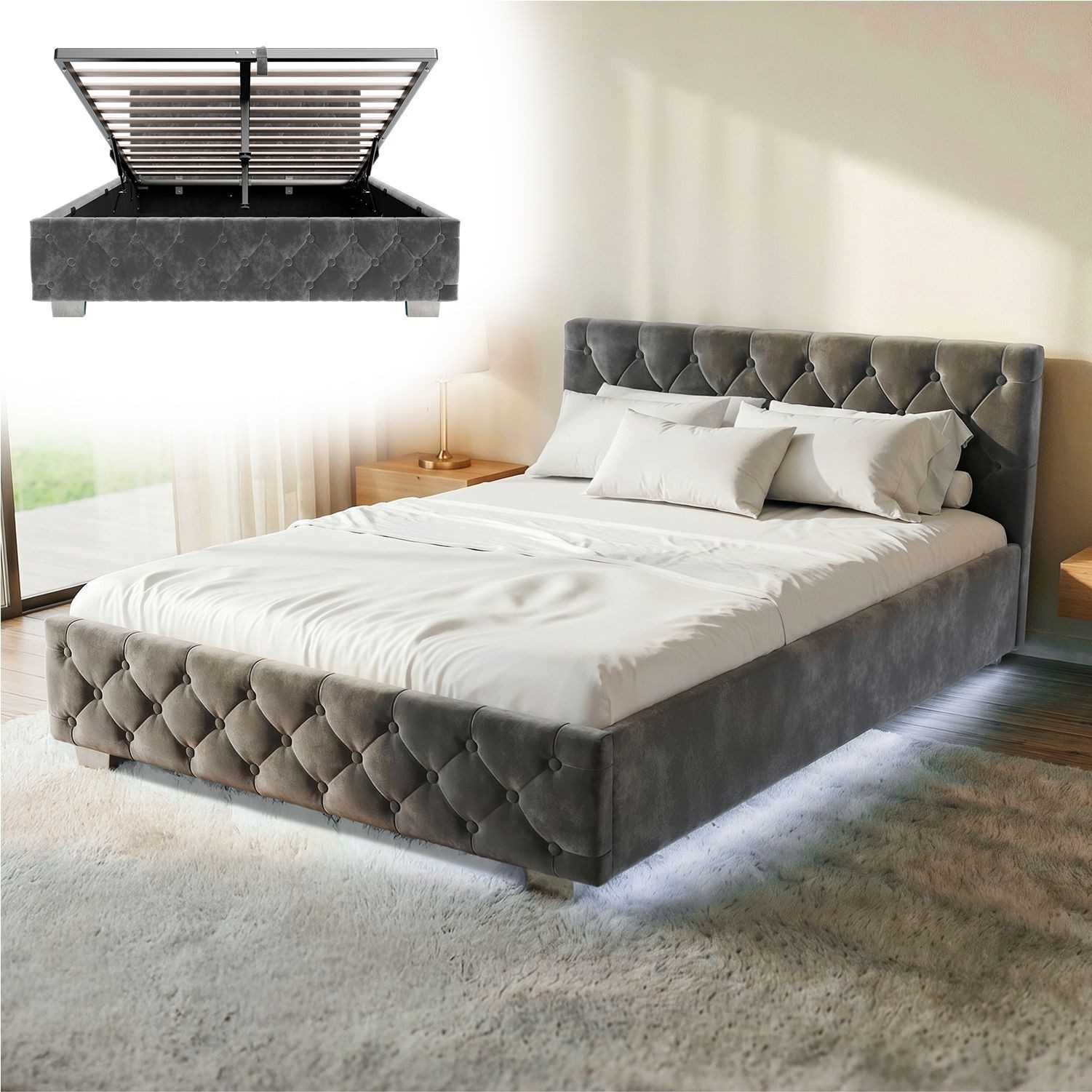 Juskys Polsterbett Nizza, Stauraum, LED Licht, Chesterfield Steppung, Samtbezug