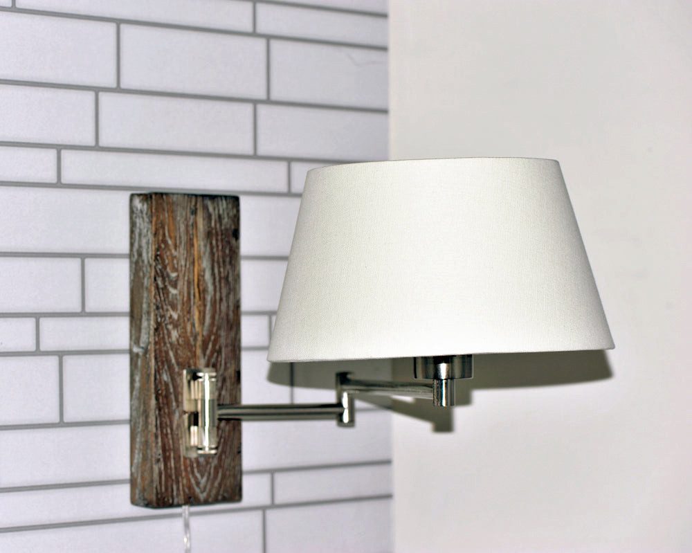 Dirk Davids Leuchten GmbH Wandleuchte Wandleuchte Brown Wood mit Gelenkkarm Nickel Matt Schirm Weiß Komplett, ohne Leuchtmittel