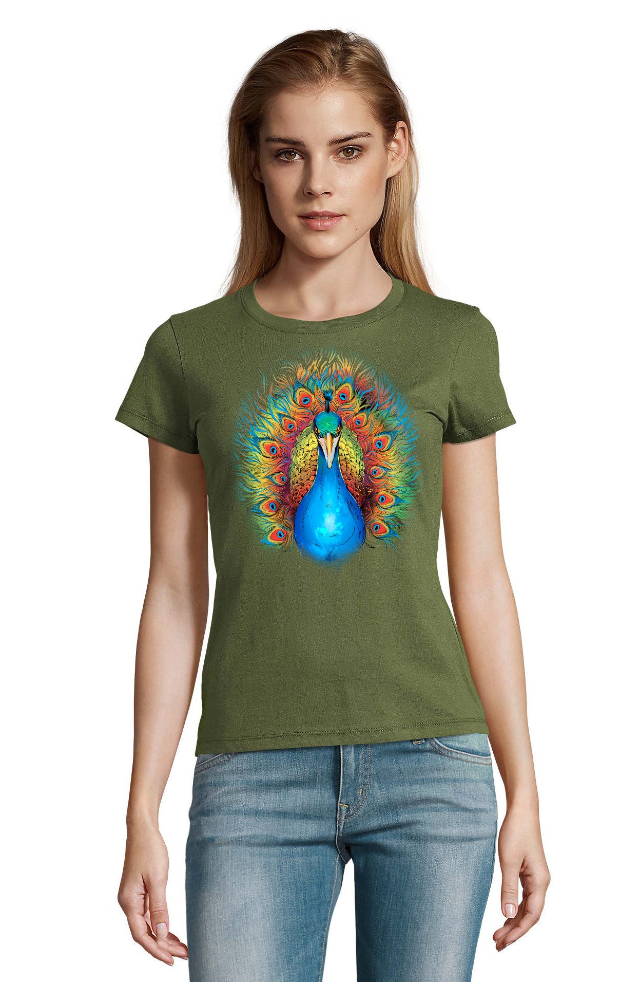 T-Shirt Blauer Pfau Vogel Pfauen Insel Fun Natur Damen Motiv
