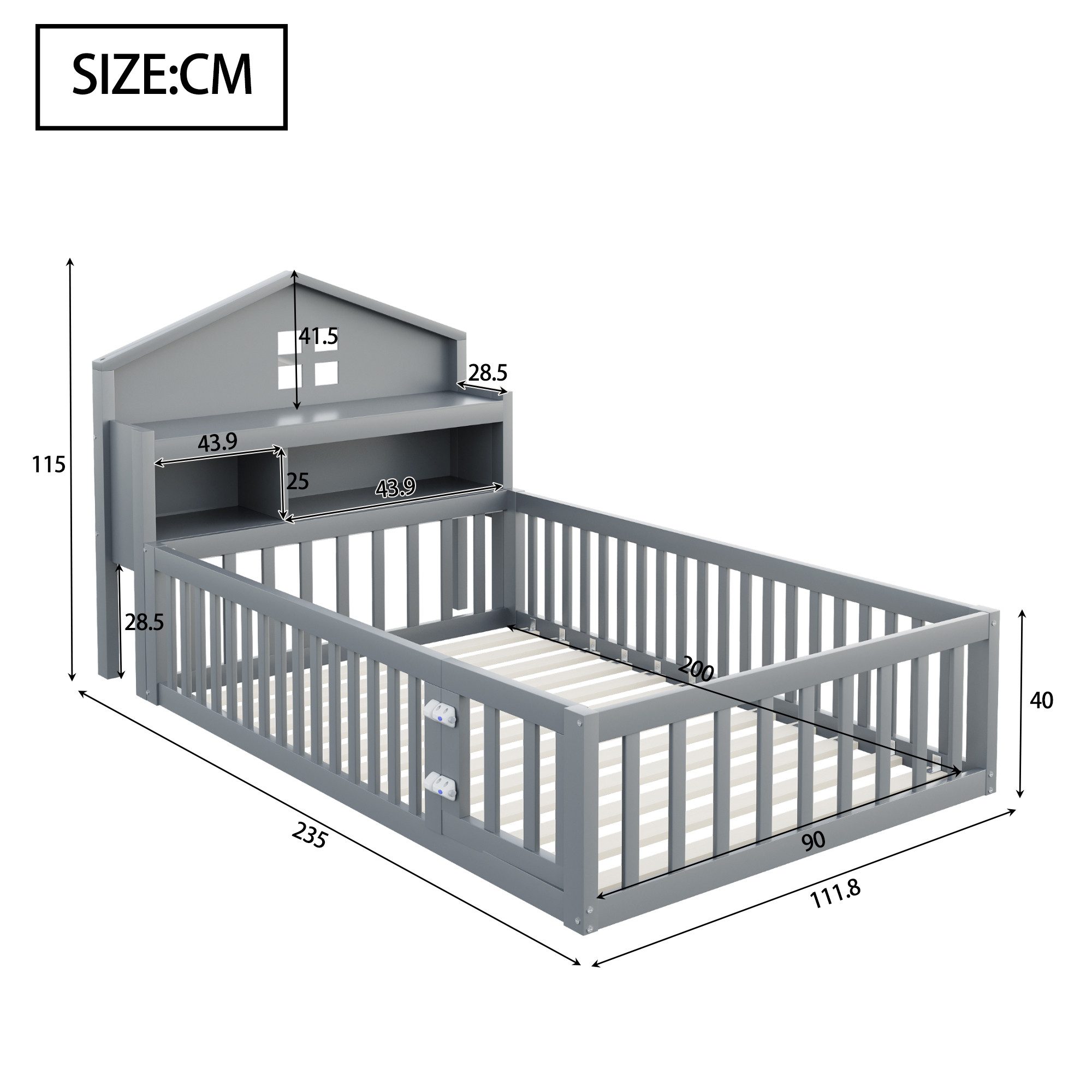Merax Kinderbett 90x200cm mit Tür, Regal und Kreidetafel (1-tlg), Bodenbett mit Lattenrost und Stauraum,Massivholz Hausbett Jugendbett – Bild 5 von 5