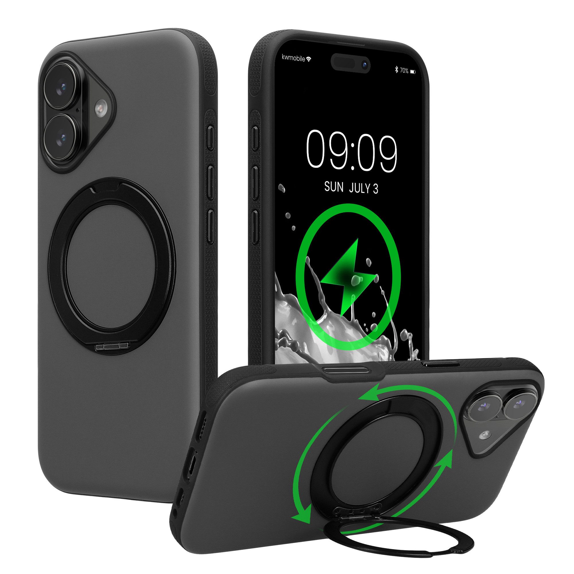 kwmobile Smartphone-Hülle Case mit 360° Standring für Apple iPhone 16 Hülle, Hardcase mit drehbaren Kickstand kompatibel mit MagSafe