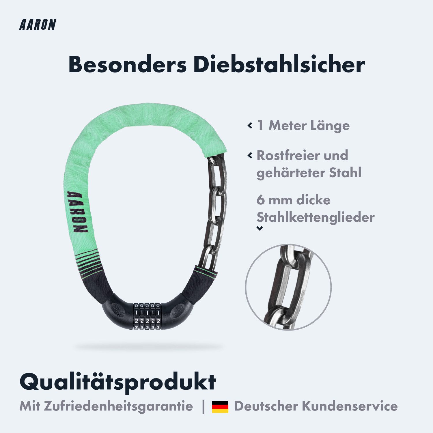 AARON Kettenschloss Lock One Fahrradschloss mit Zahlencode 100 cm Stahl Stadtrad Tour