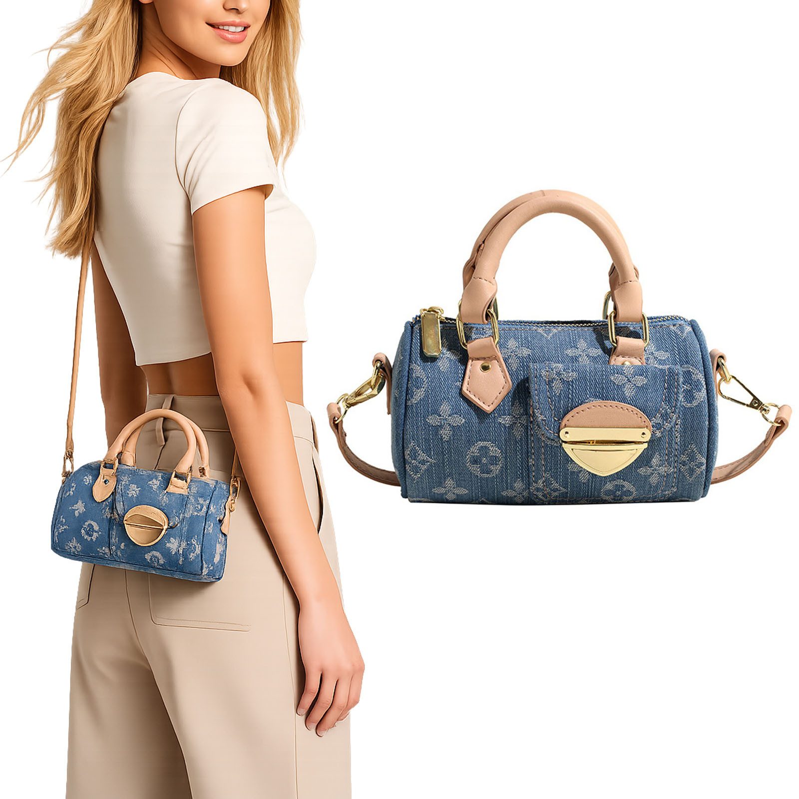 MOPUEA Umhängetasche Runde Damen-Henkeltasche aus Denim im Zylinderstil mit Schultergurt (Gewebt Denim Handtasche Vintage -Umhängetasche, 1-tlg), Crossbody Taschen für Frauen Frauentasche Kissenbeutel
