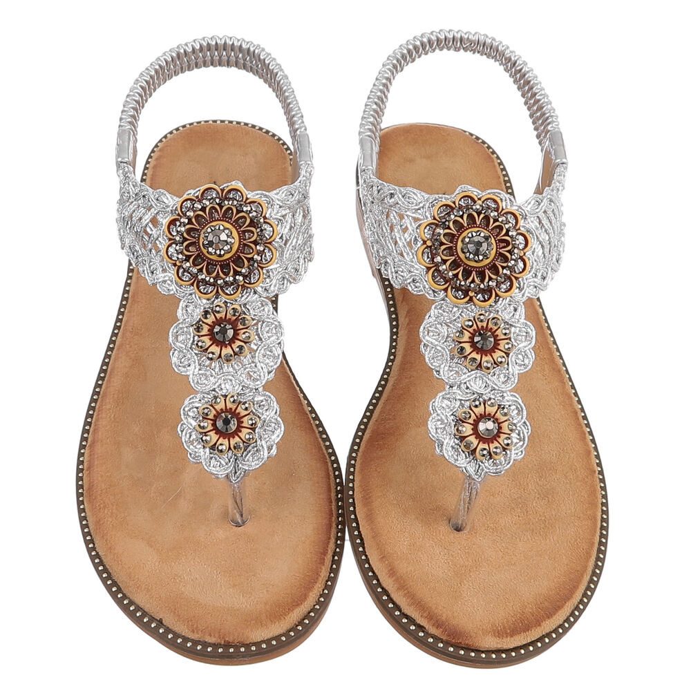 Ital-Design Damen Boho Zehentrenner Sandale mit Schmuckdetails Zehentrenner (91971221) Blockabsatz Riemchensandalen in Silber – Bild 4 von 5