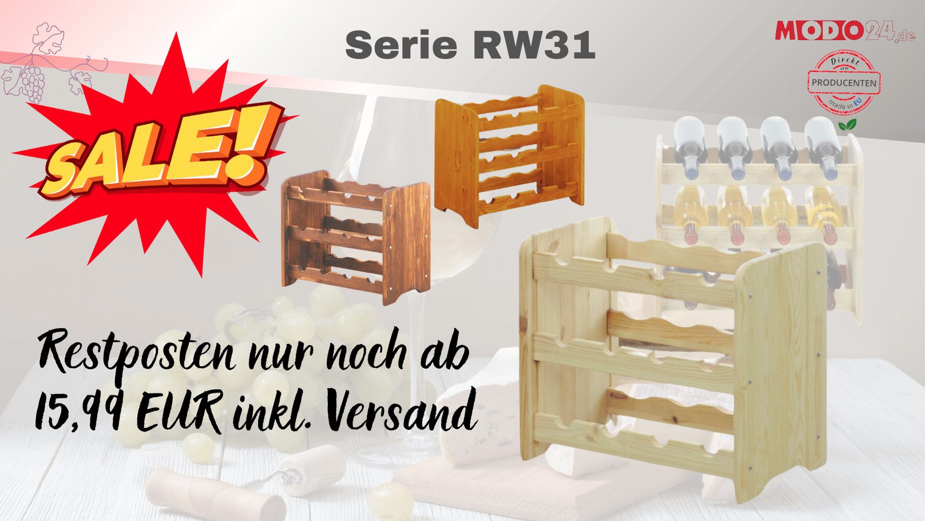 Modo24 Weinregal Flaschenregal Holzregal Flaschenständer Varianten 9 bis 91 Flaschen, (RW31) Getränkeregal, 3 Farben, FSC Holz Nachhaltig