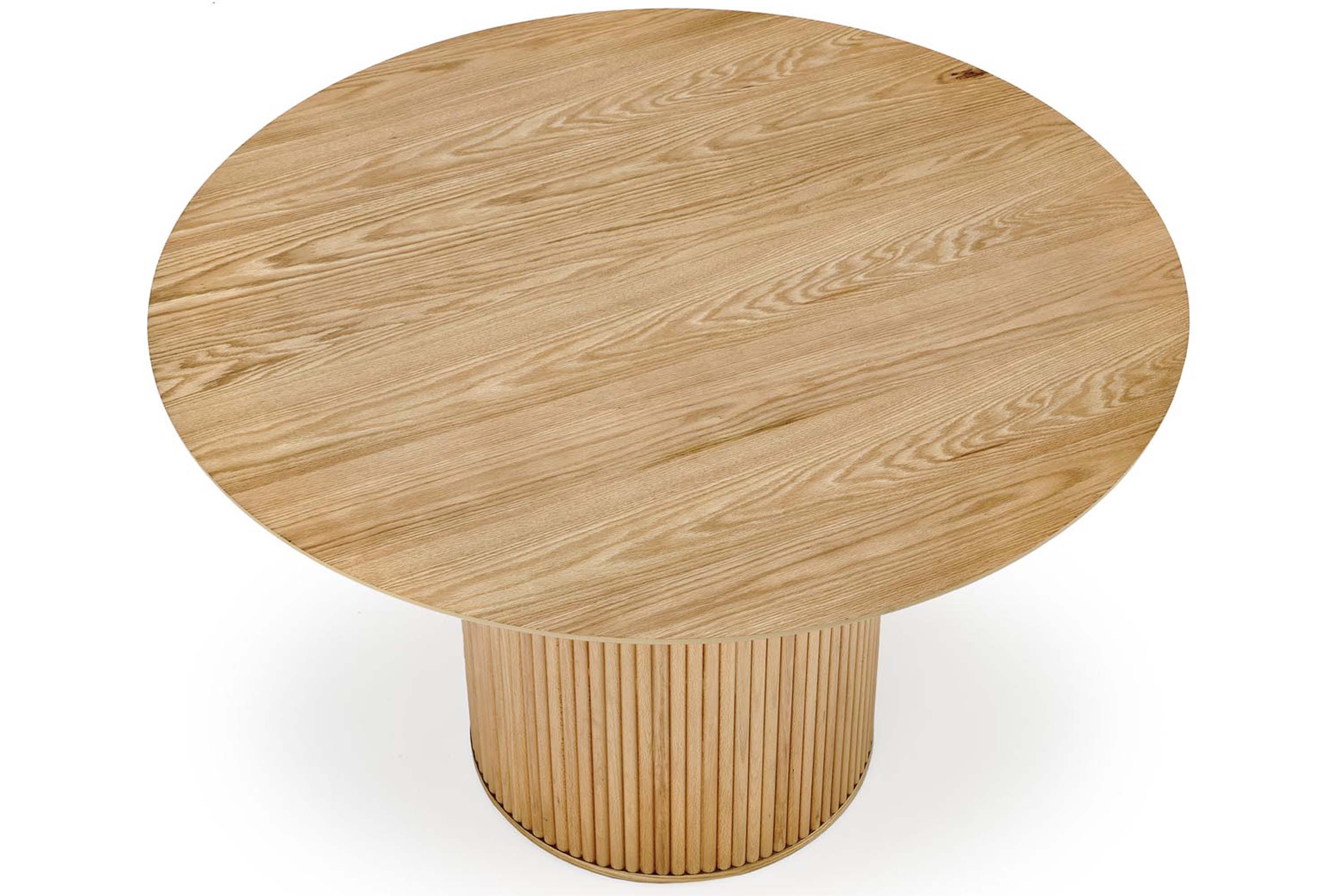 KONSIMO® Esstisch FARA Runder Esszimmertisch, Säulenfuß, bis 4 Personen, Küchentisch, Massivholzbein, Boho-Stil, dekorative Lamellen