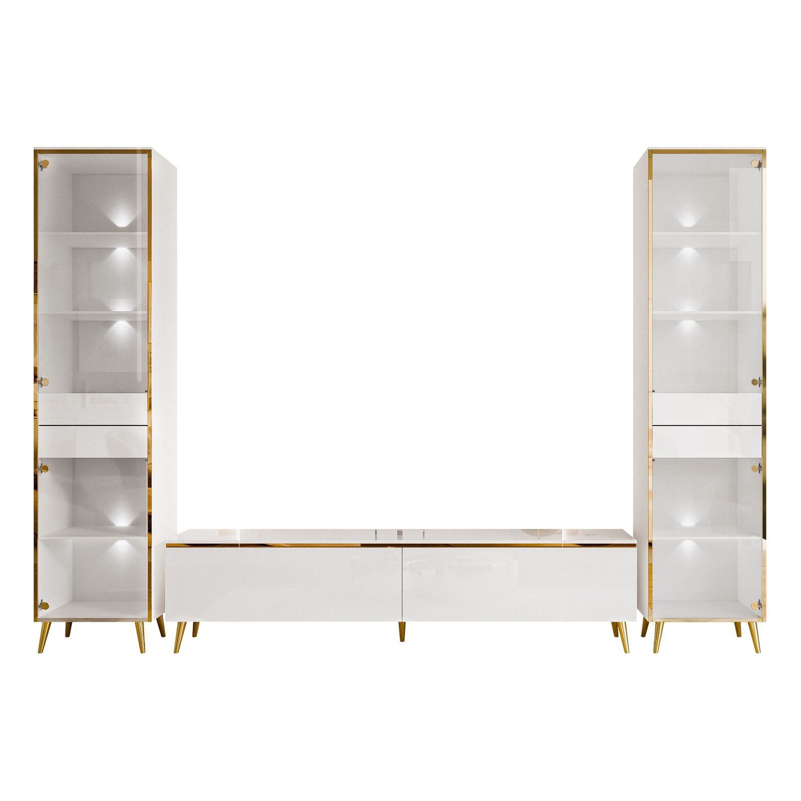 ALLHOUSE24 Wohnzimmer-Set Möbelset PEONY GOLD mit LED weiß Hochglanz Glasvitrine TV Schrank, (1x TV Schrank, 2 x Vitrinen), Fronten in Hochglanz, LED Beleuchtun – Bild 5 von 5