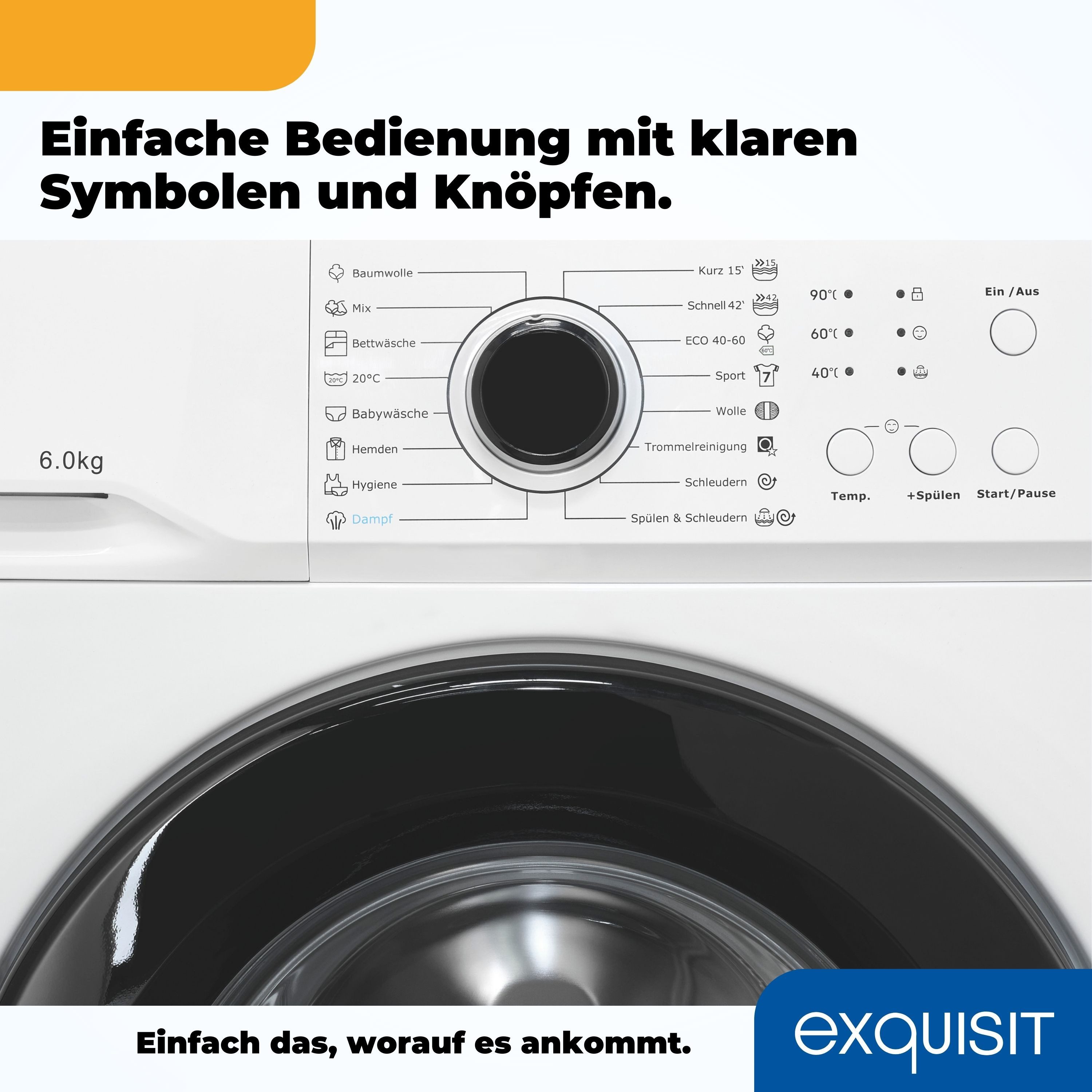 exquisit Waschmaschine WA6110-021A weiss, 6 kg, 16 Programme, Restlaufzeitanzeige, Kindersicheruing
