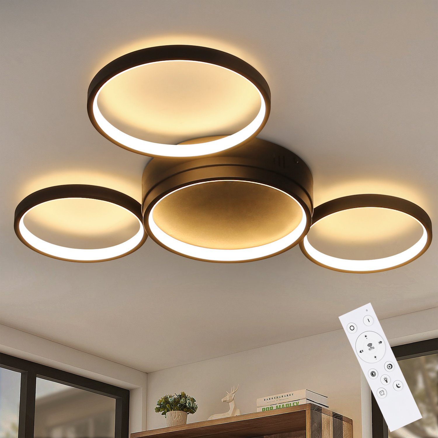 LED Flammig LED Fernbedienung warmweiß-kaltweiß, Deckenleuchte ZMH 4 Ring Schlafzimmer, integriert, Schwarz fest Modern