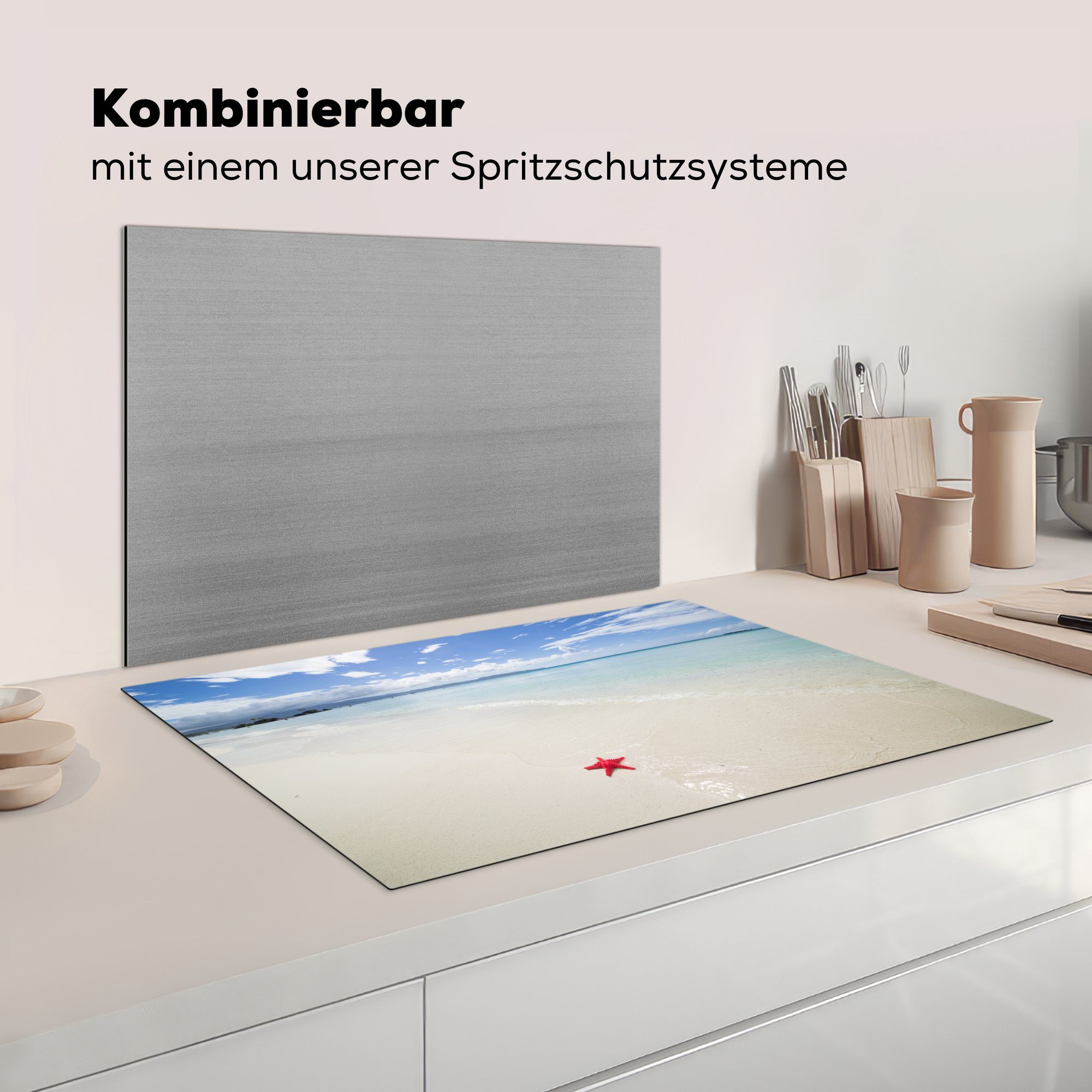 tlg), Schutz MuchoWow - Herdblende-/Abdeckplatte Seestern die küche, (1 für Sand, - 81x52 Rot Ceranfeldabdeckung Induktionskochfeld Vinyl, cm,