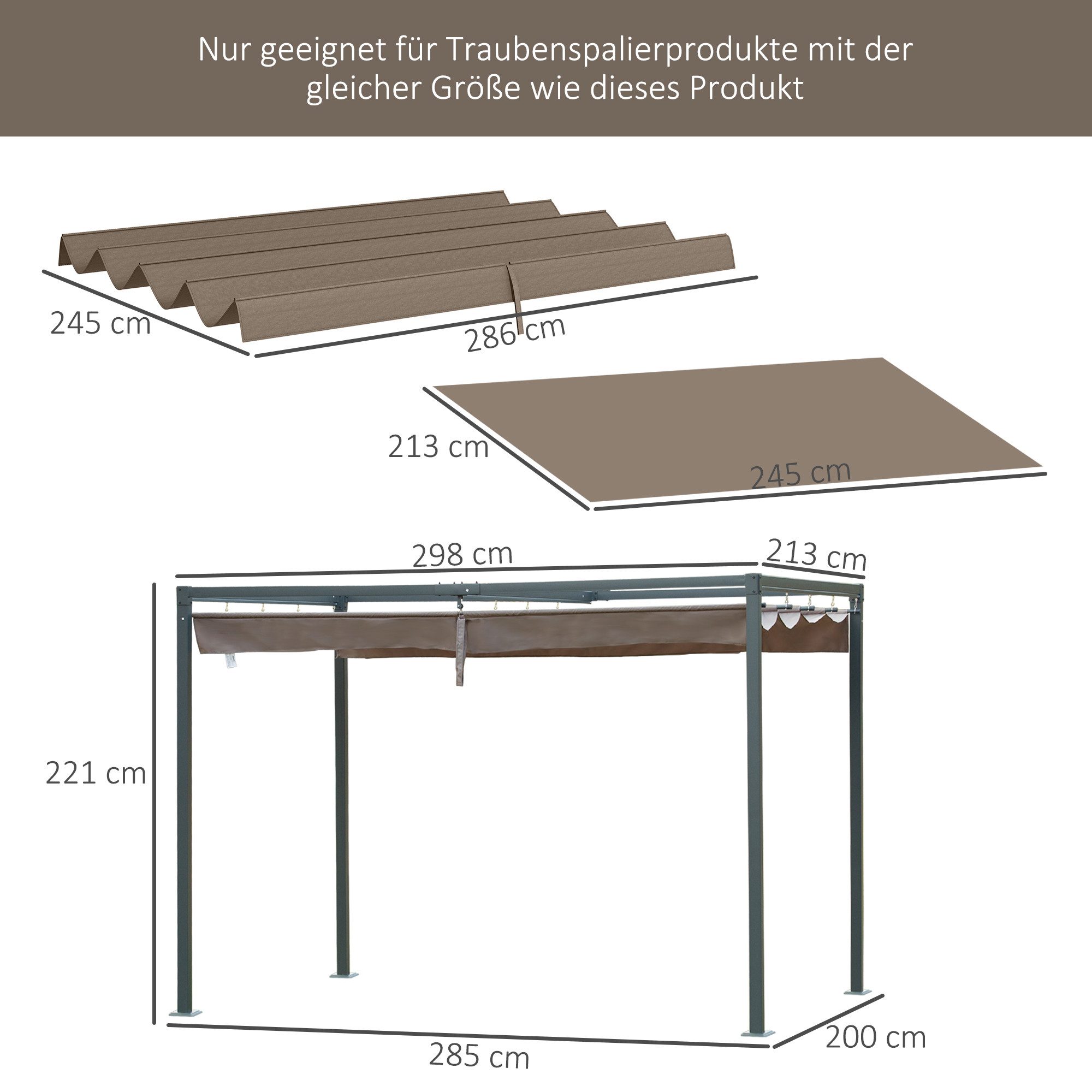 Outsunny Pavillon-Ersatzdach für 2,85 x 2 m Pergola, wasserabweisend, mit Regenabflusslöchern, 180 g/m², 286 x 245 cm (Ersatzdach für Pergola, Pergola-Schattenabdeckung), UV-Schutz 30+, winterfest, für Garten, Balkon, Terrasse, Kaffee