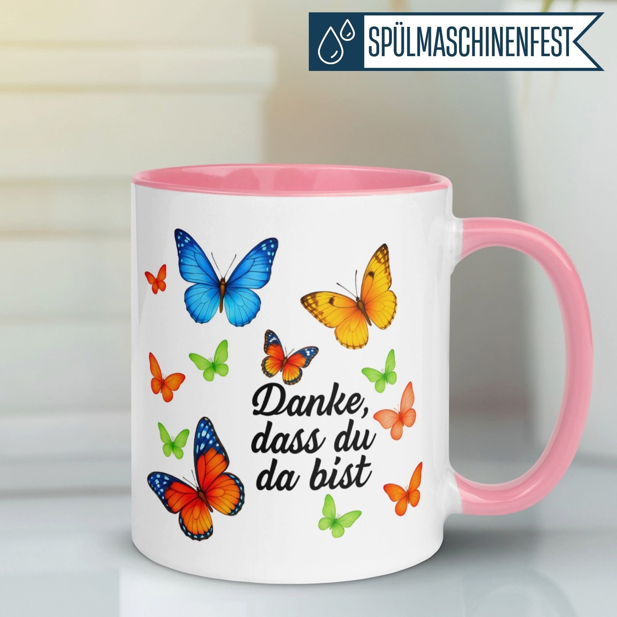 Momentals Tasse Danke – „Danke dass du da bist“ – Dankeschön Geschenke Schmetterlingen, Gratis Versand · Links-&Rechtshänder · Spülmaschinenfest