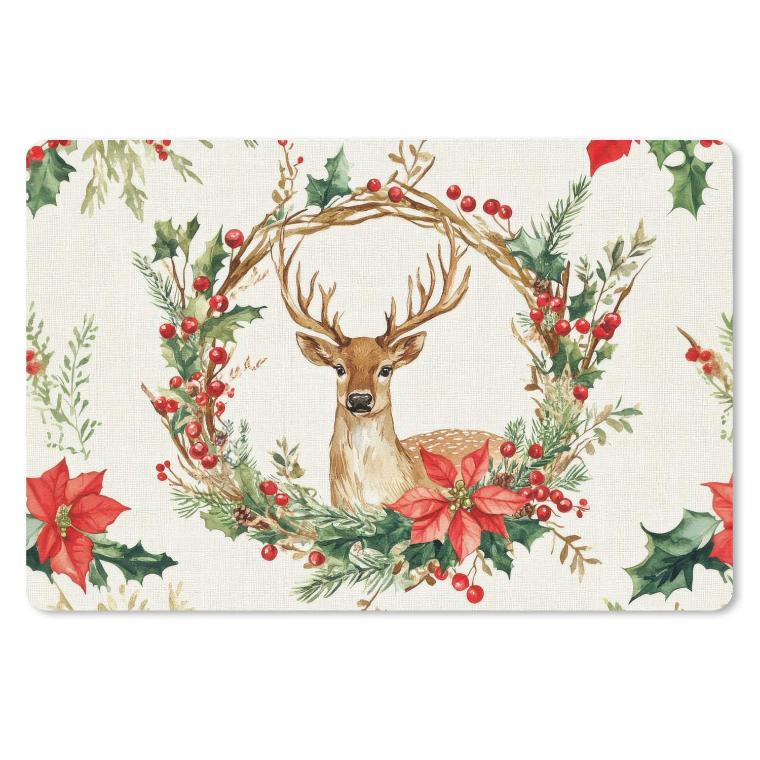 MuchoWow Mauspad Weihnachtskranz - Hirsch - Stechpalme - Rot (1-St), Mousepad XXL für Tastatur und Maus, Gaming Setup, Desk Mat, 120x80 cm