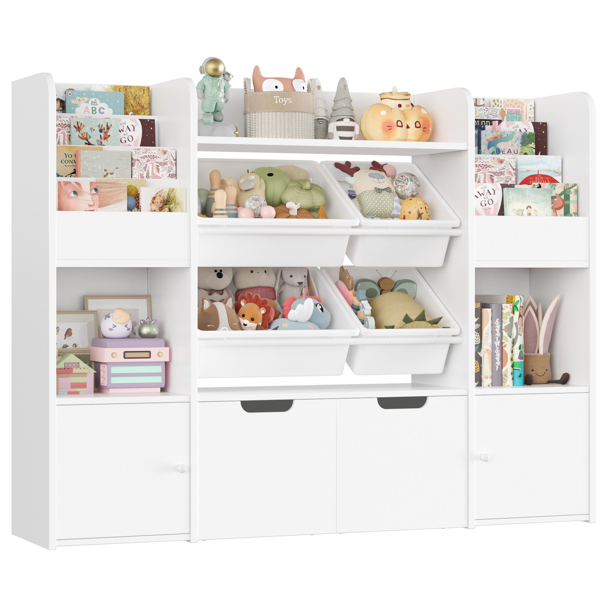 Homfa Spielzeugtruhe Kinderregal mit 2 Schubladen auf Rollen & 4 Boxen Büch günstig online kaufen