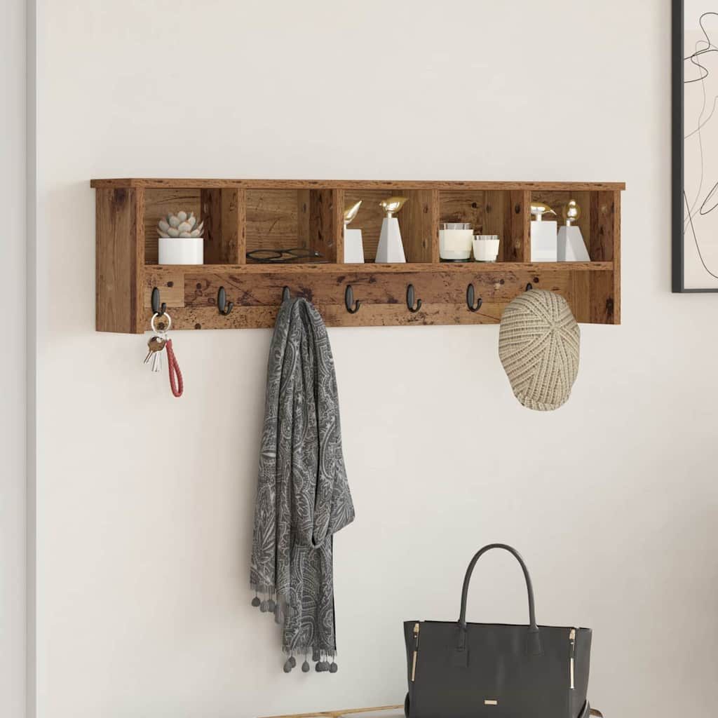 furnicato Garderobenständer Wandgarderobe mit 3 Regalen 100 x 16 x 26 cm Altholz, Garderobenständer mit 3 Regalböden und Haken für den Flurbereich