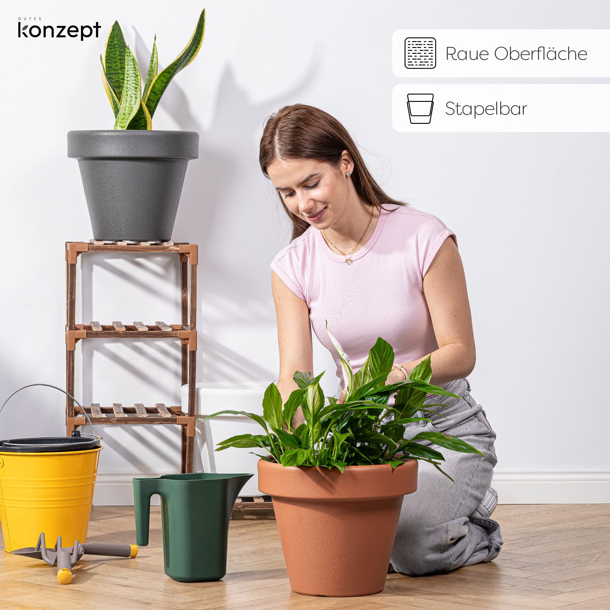 KONZEPT Übertopf aus Kunststoff in Steinoptik, Ø 30 cm, 8,5 L, Stein-Optik, Konische Form, Geprägtem Rand, 8,5 L