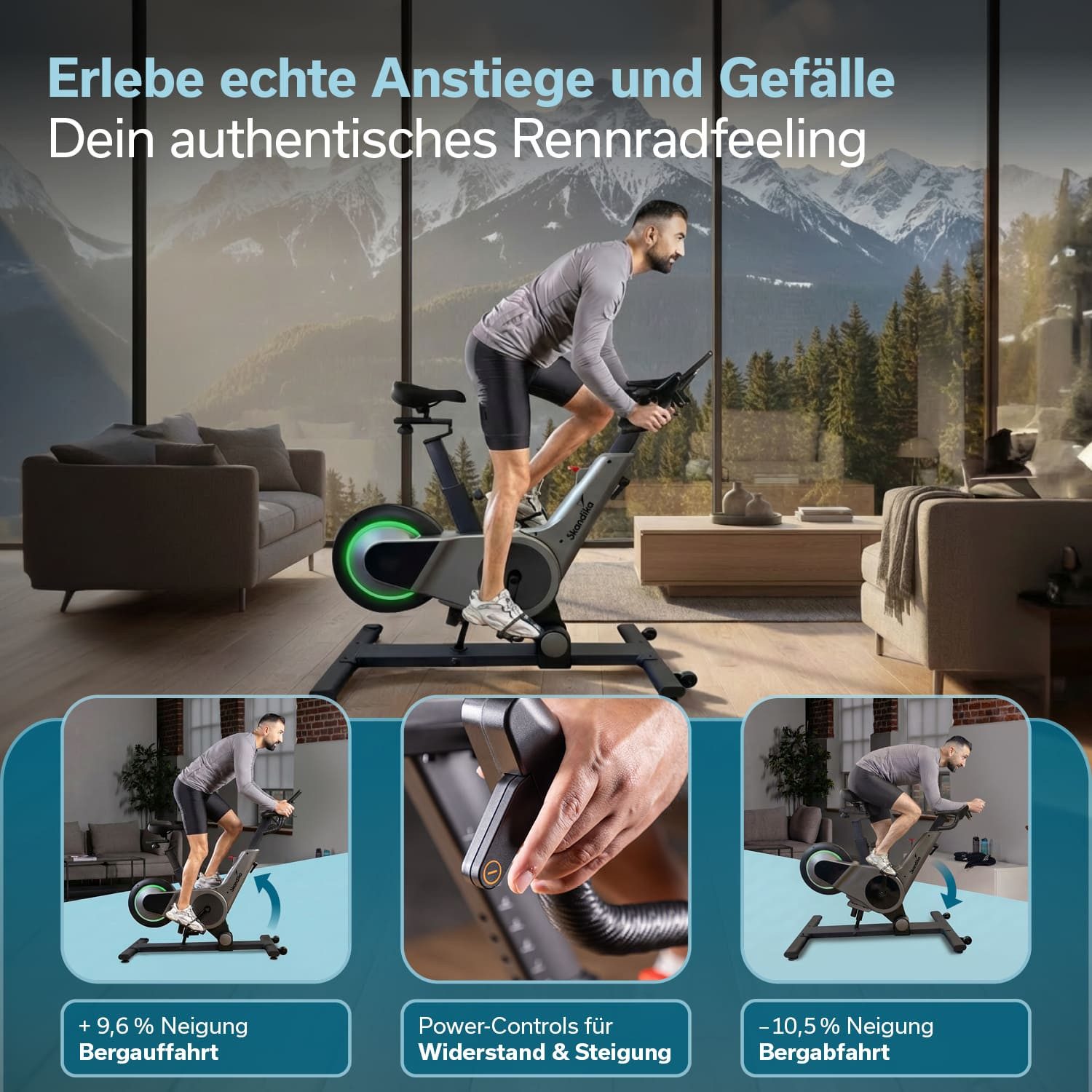 Skandika Speedbike Bike Indoor Kliva 500-S, Steigung in 16 Stufen, 3 Programme (Bluetooth Kinomap App kompatibel, bis 150 kg), Heimtrainer Fahrrad SMART mit LED, Magnetbremse mit 32 Stufen