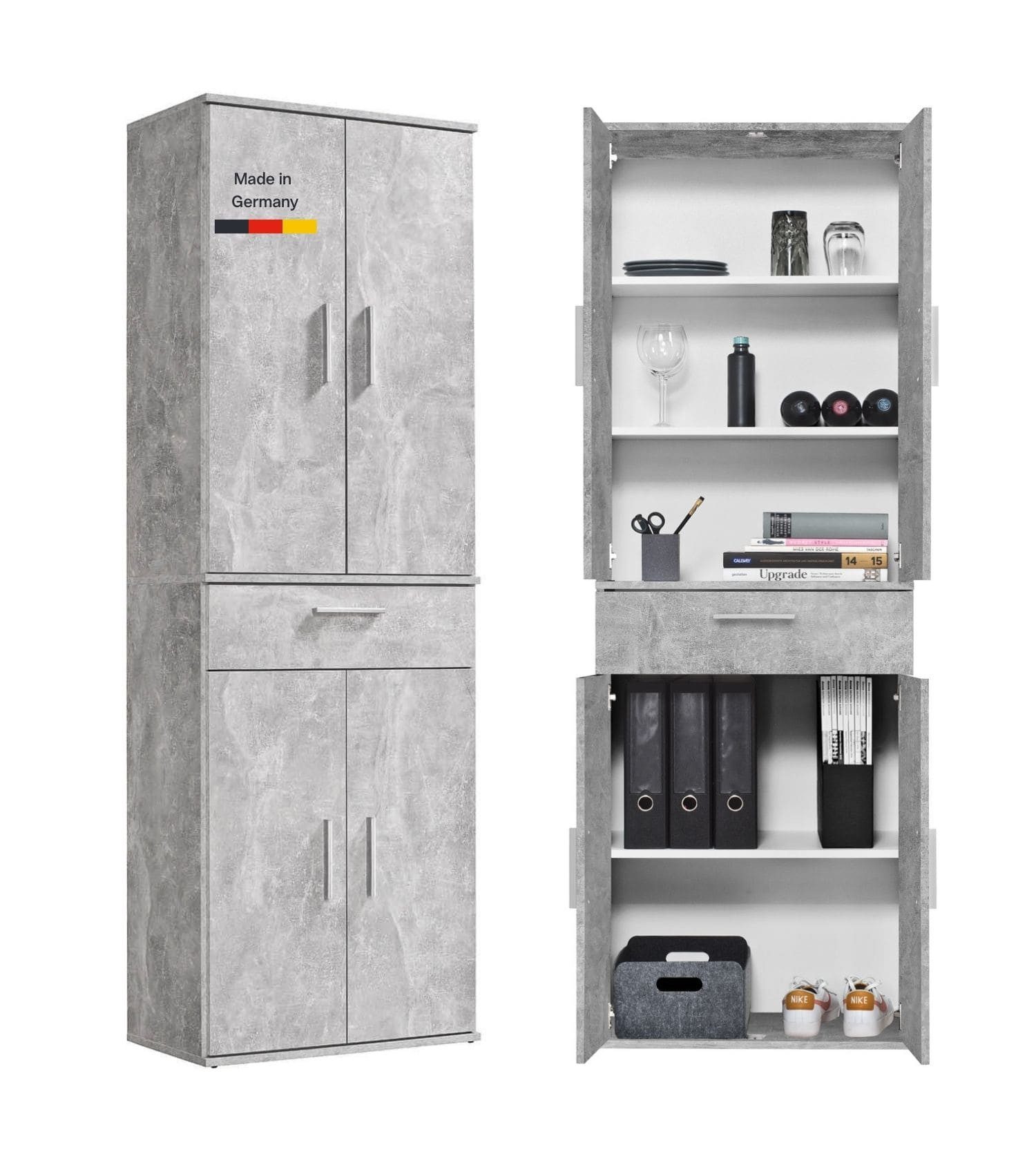 mokebo Mehrzweckschrank Der Praktische (60x180 cm, mit Schublade) Made in Germany, Büroschrank, Aktenschrank, Apothekerschrank in Grau