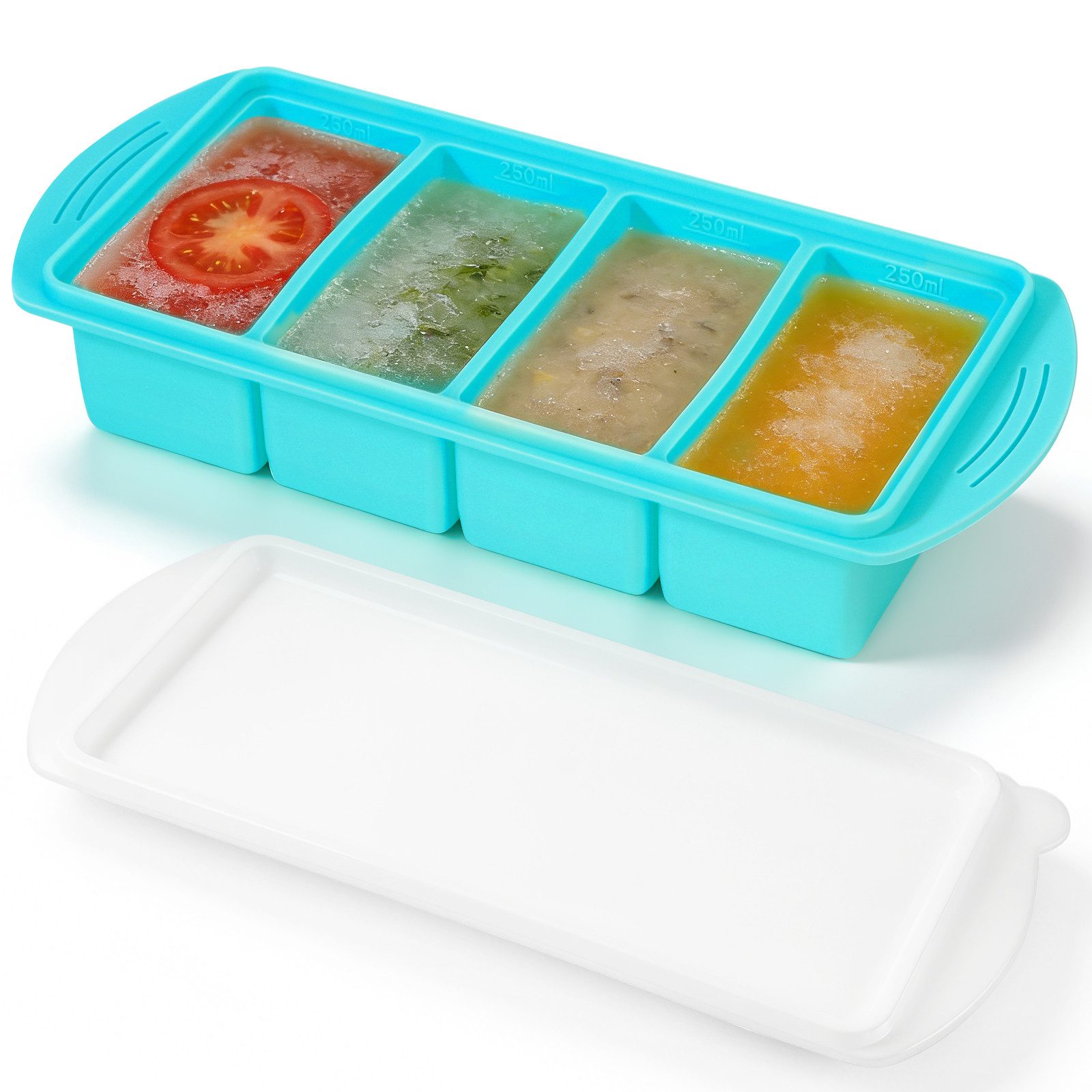 BlingBin Eiswürfelform 4 Fächern Eiswürfel mit Deckel, 2 Stück Silikon Eiswürfelbehälter, (1er Set 1-tlg), Einfrieren Behälter für Suppen, Brühe, Soße, Meal Prep und Eiswürfel