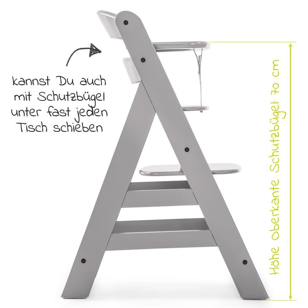 Hauck Hochstuhl Alpha Plus Grau (3 St), Holz Kinderhochstuhl mit Tablett Click Tray & Sitzauflage verstellbar