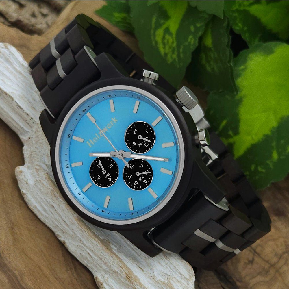 Holzwerk Chronograph Herren Designer Holz Armband Uhr, Zifferblatt Hellblau günstig online kaufen