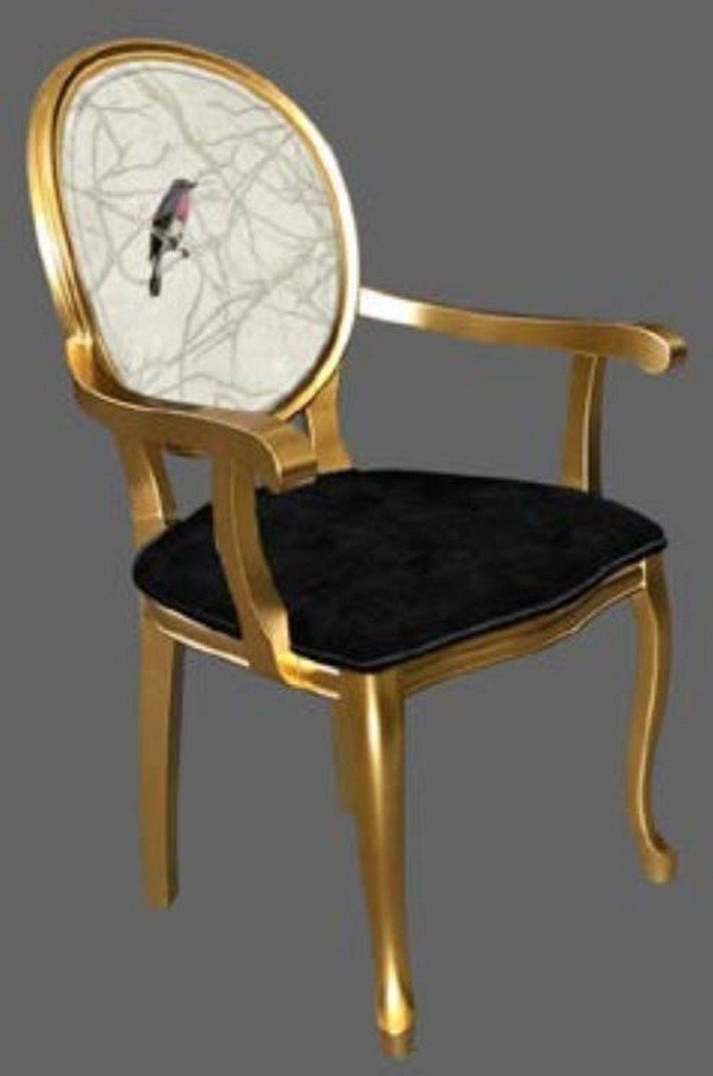Casa Padrino Esszimmerstuhl Barock Esszimmerstuhl Schwarz / Mehrfarbig / Gold - Handgefertigter Antik Stil Stuhl mit Armlehnen - Esszimmer Möbel im Barockstil