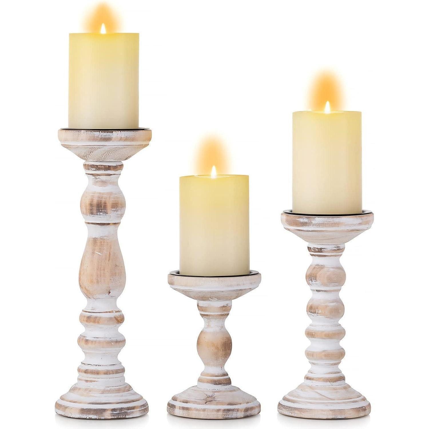 LuxusKollektion Kerzenständer Kerzenhalter Stumpenkerzen Holz 3er Set Landhausstil Vintage