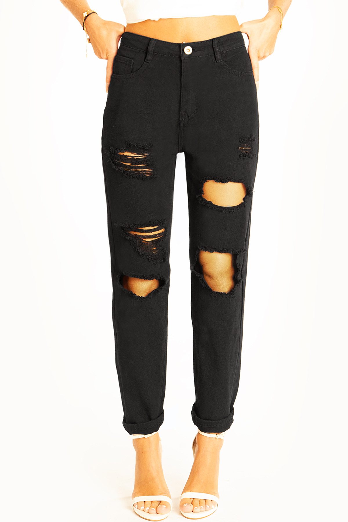 be styled Destroyed-Jeans Zerrissene Mom fit Jeans schwarze High Waist Hose - Damen - j11p-1