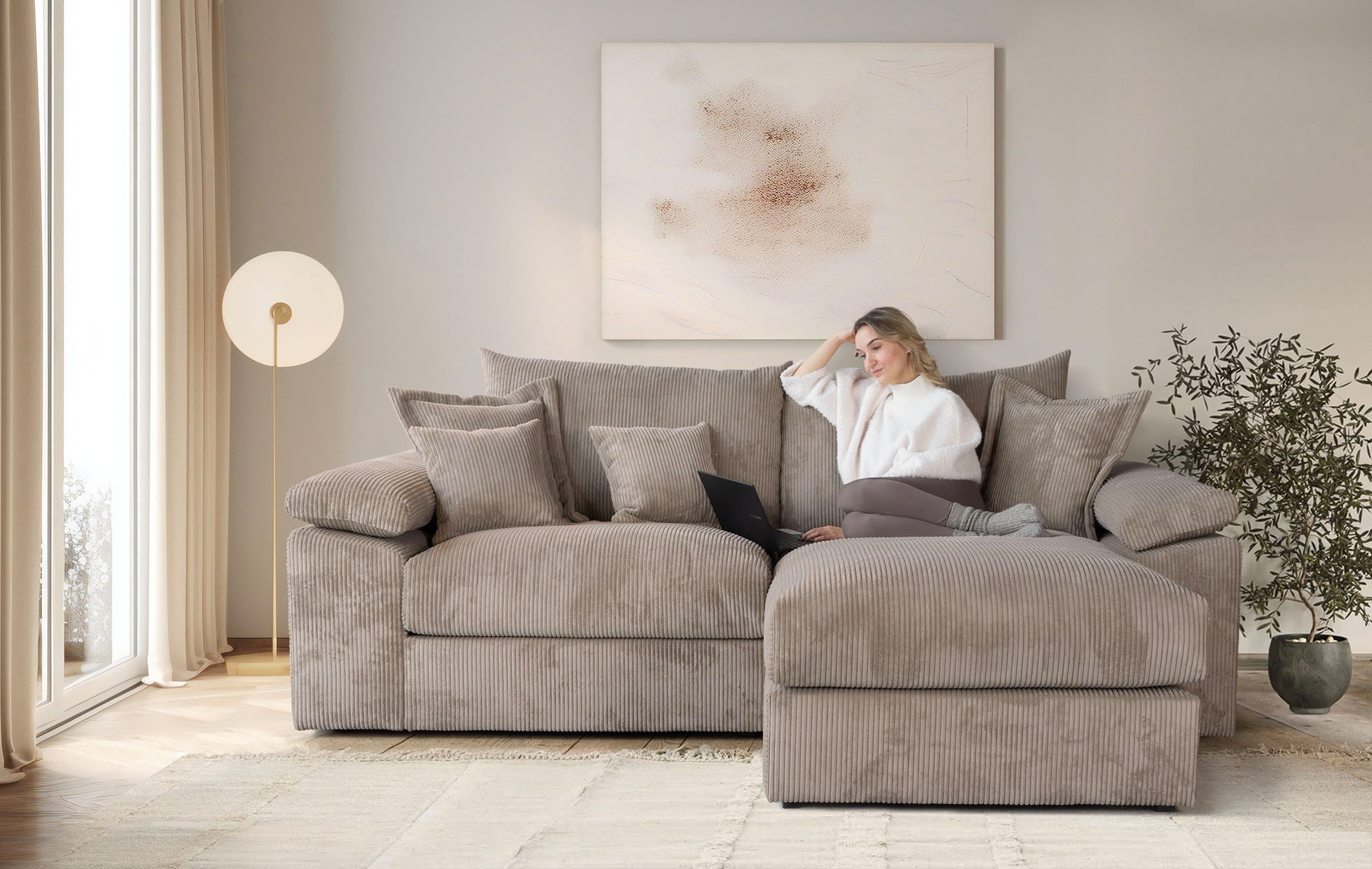 Home affaire Ecksofa Soft&Cosy XL L-Form, B: 246 cm, Mega-Sofa, Cord oder Chenille-Struktur, mit Federkern & 4 Zierkissen