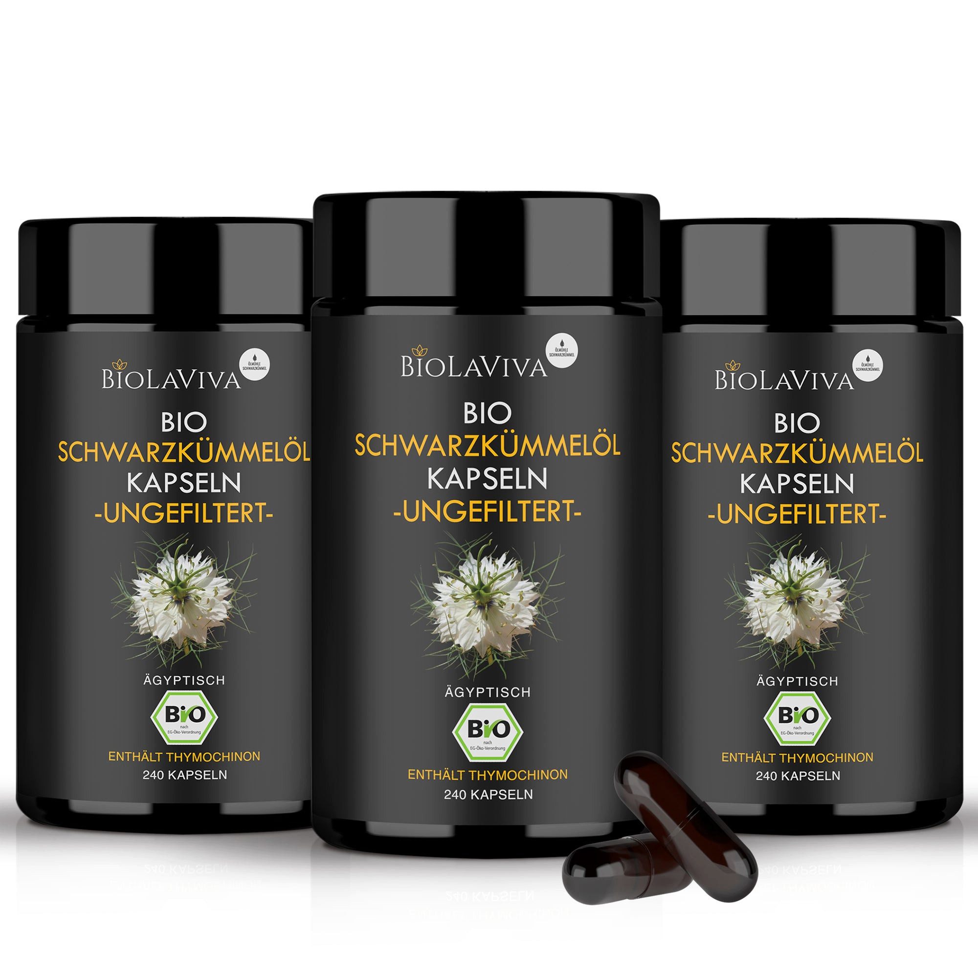 BIOLAVIVA 3 × BIO Schwarzkümmelöl 240 Kapseln -ungefiltert -naturbelassen -vegan Kapseln