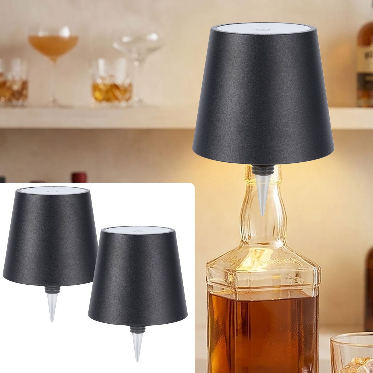 shop'n smile ideoon Tischleuchte Akku Flaschenlampe Touch 3600mAh 3 Lichtfarben Dimmbar Schwarz, LEDs, Metallschirm, Akkulaufzeit bis zu 8 St., Kabellos, wiederaufladbar