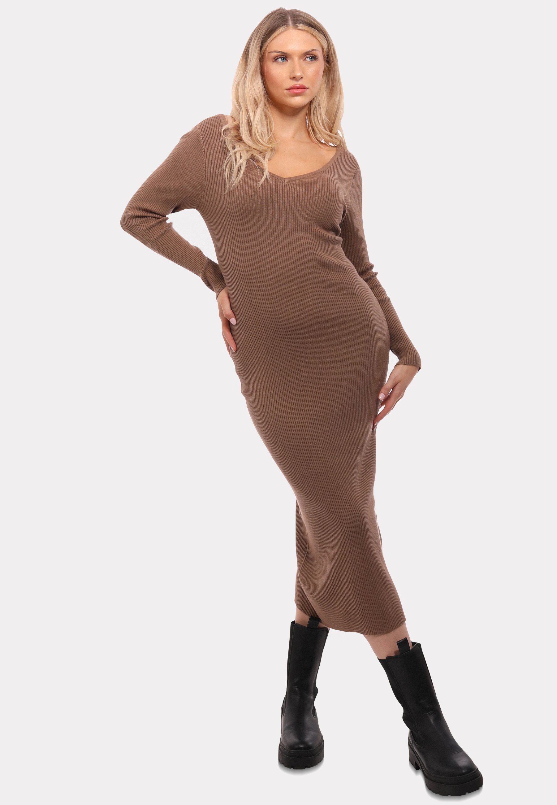 YC Fashion & Style Strickkleid Strickkleid mit V-Ausschnitt KNIT DRESS (1-tlg) in Unifarbe latte