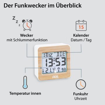 ADE Funkwecker Kompakte Tischuhr mit Temperaturanzeige mit Bambus-Gehäuse, Licht, automatische Zeiteinstellung, Kalender