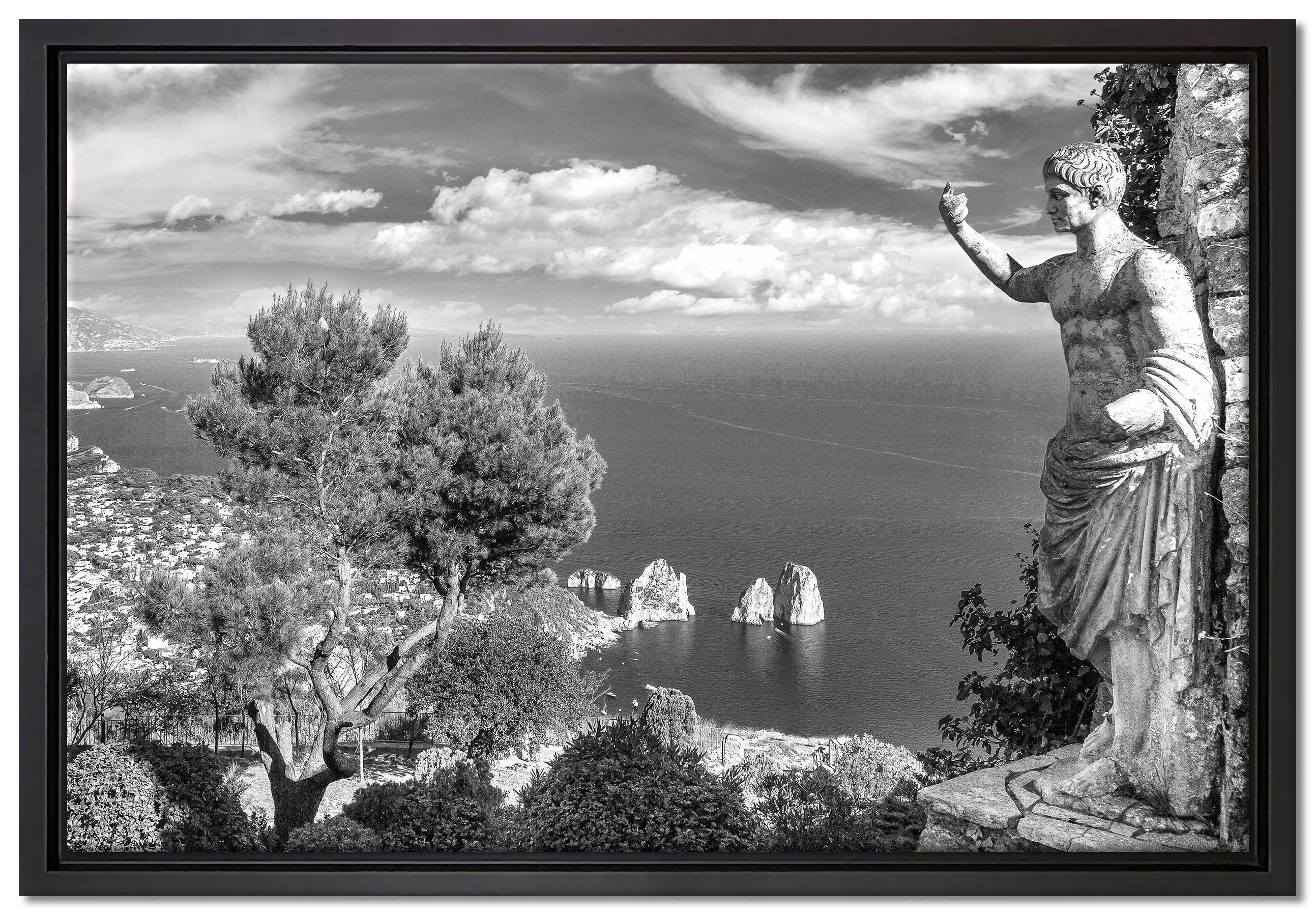 Pixxprint Leinwandbild Insel Capri in Italien Kunst B&W, Wanddekoration (1 St), Leinwandbild fertig bespannt, in einem Schattenfugen-Bilderrahmen gefasst, inkl. Zackenaufhänger