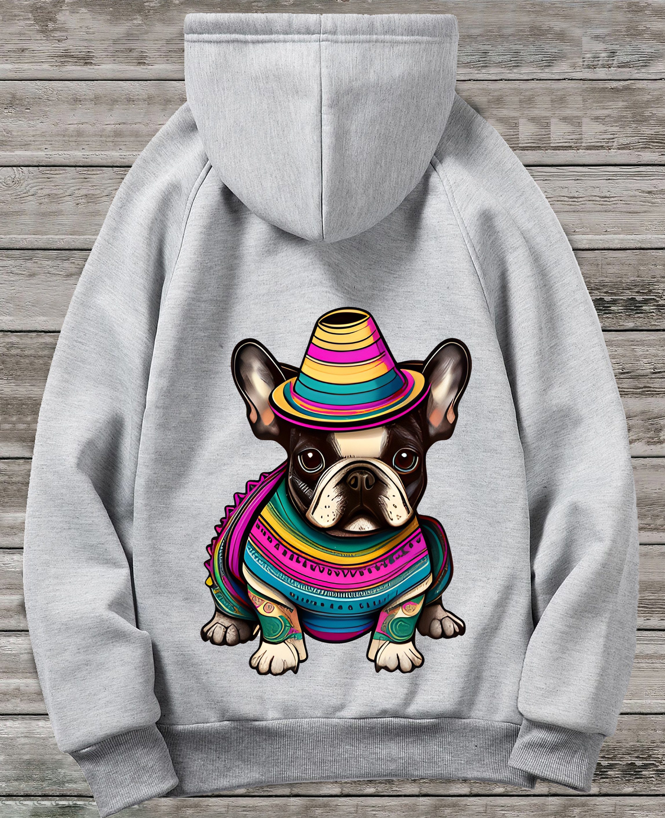 RMK Hoodie Damen Pullover Basic Pulli Kapuzenpullover Seitentaschen Hund Mexico Französische Bulldogge Print