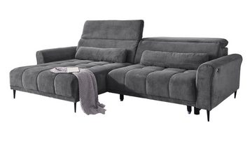 Massivart® Ecksofa LOGAN Cord grau / 277 cm, Cordsofa, Sitztiefenverstellung, Kopfteilverstellung, Nosagunterfederung