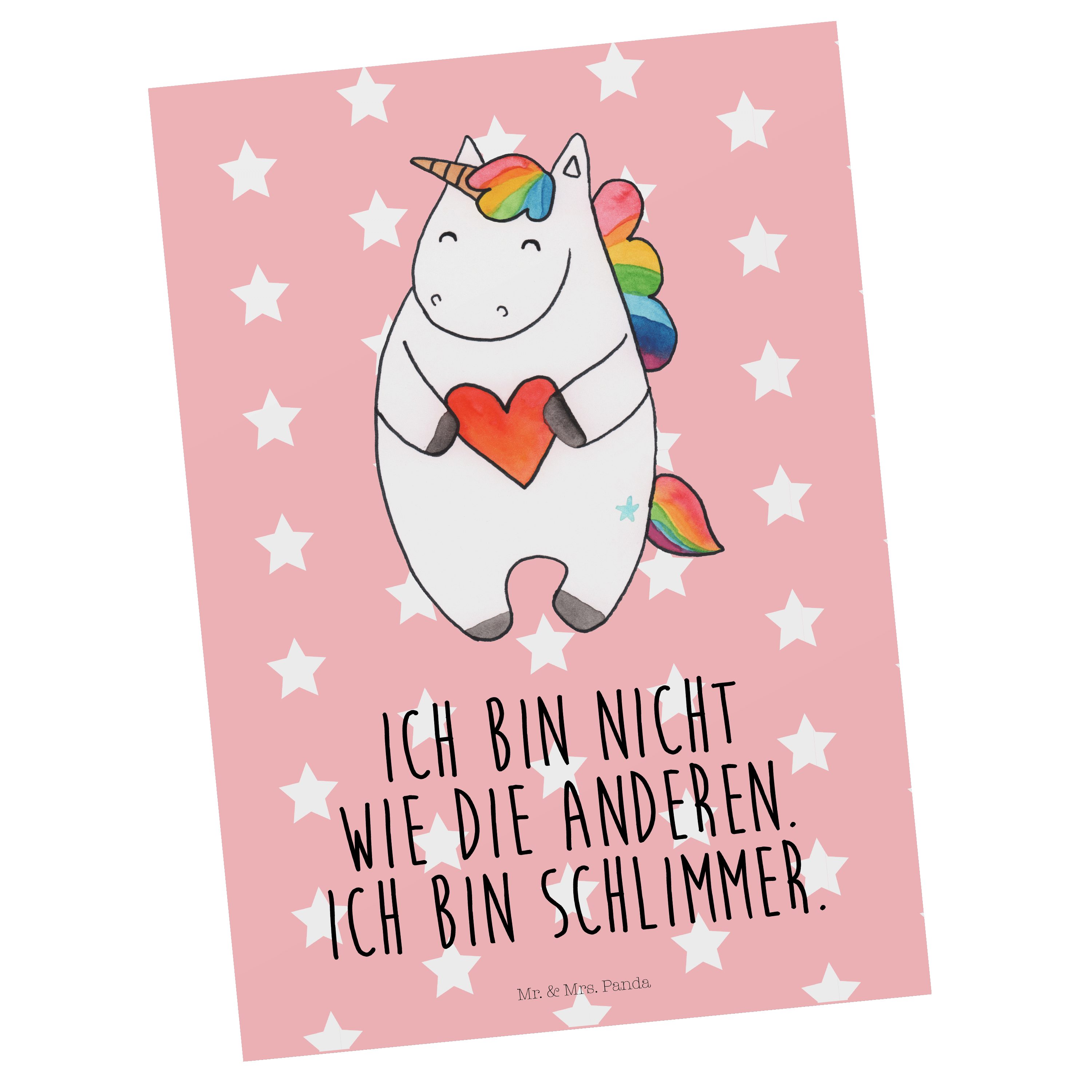 Mr. & Mrs. Panda Postkarte Einhorn Herz - Rot Pastell - Geschenk, Unicorn, Geburtstagskarte, Ges