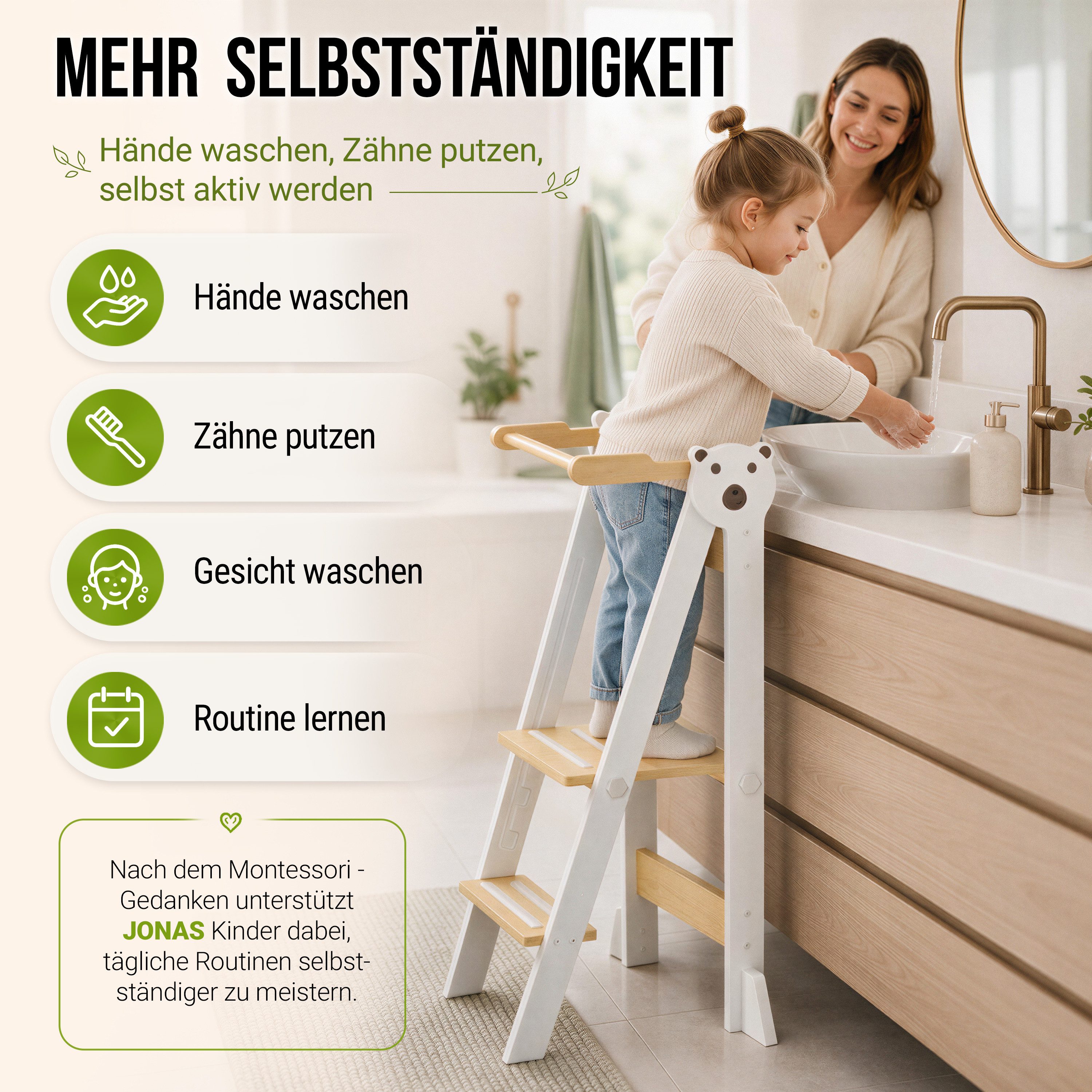 CADANI Stehhilfe JONAS Lernturm ab 1 Jahr klappbar und bis 75 kg belastbar (Weiß Natur, Montessori Küchenhelfer, Massivholz), 3-fach höhenverstellbar, mitwachse – Bild 5 von 5