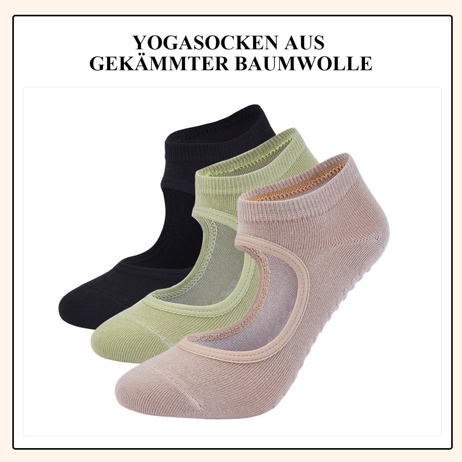 Daisred Sneakersocken Yoga Sock Pilates für Rutschfeste Damen, 3 Grün+Schwarz+Beige Socken Paare