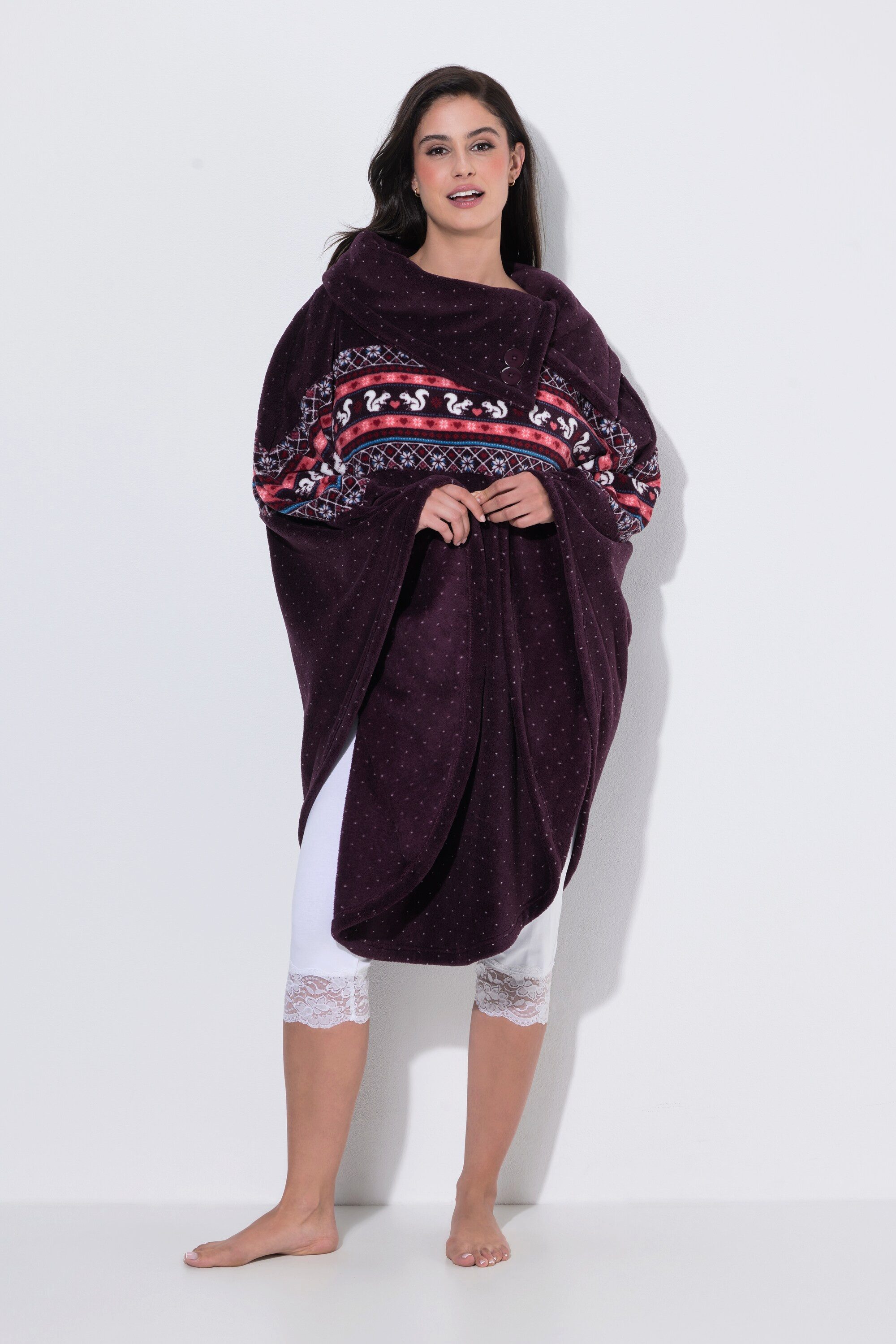 Ulla Popken Poncho Homewear-Poncho Plüsch Norwegermuster Kragen