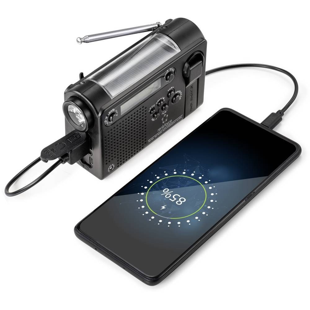 Renkforce Notfall-Kurbelradio (UKW/MW/KW RF-4694806 Radio (wiederaufladbar, Solarpanel, Handkurbel, Weckfunktion, Taschenlampe)