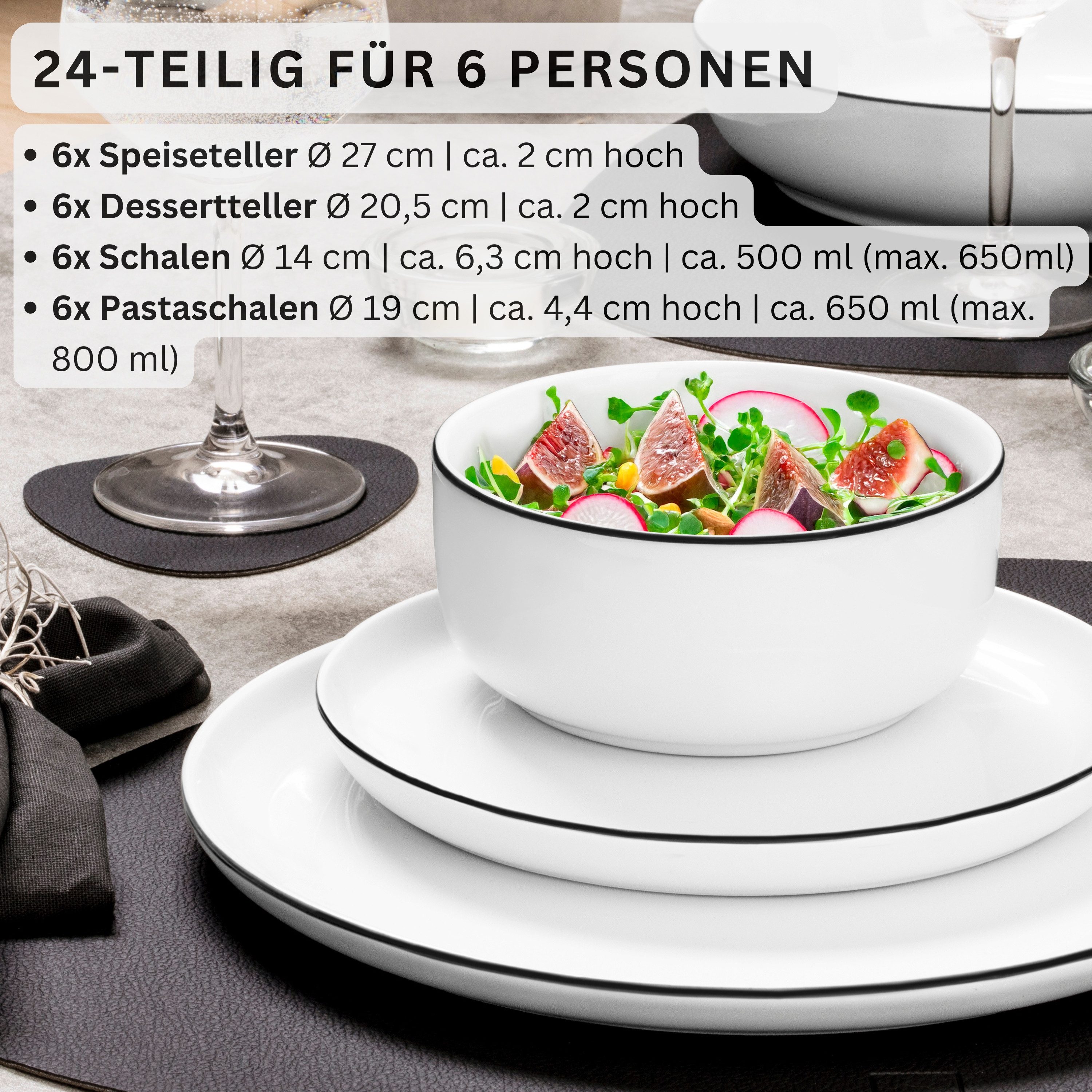SÄNGER Tafelservice Marlo Geschirrset (24-tlg), 6 Personen, Porzellan, Black Rim, Weiß mit schwarzen Akzenten, Premium Collection