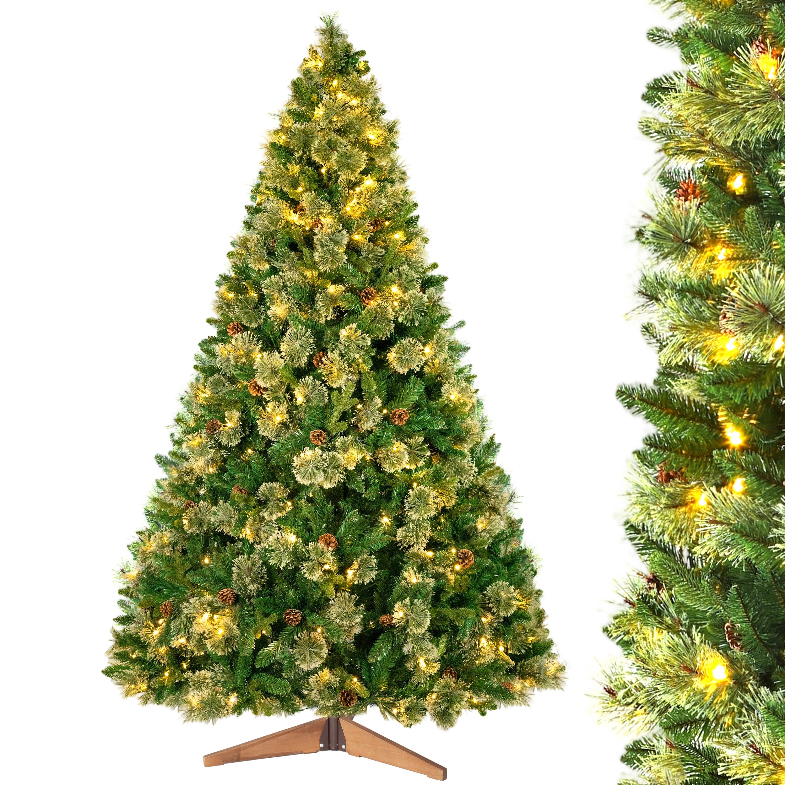 Vankel Künstlicher Weihnachtsbaum aus PVC+PE mit LED-Beleuchtung und Holzständer,180/210/235cm, Warmweiße LED-Beleuchtung, mehrere Modi