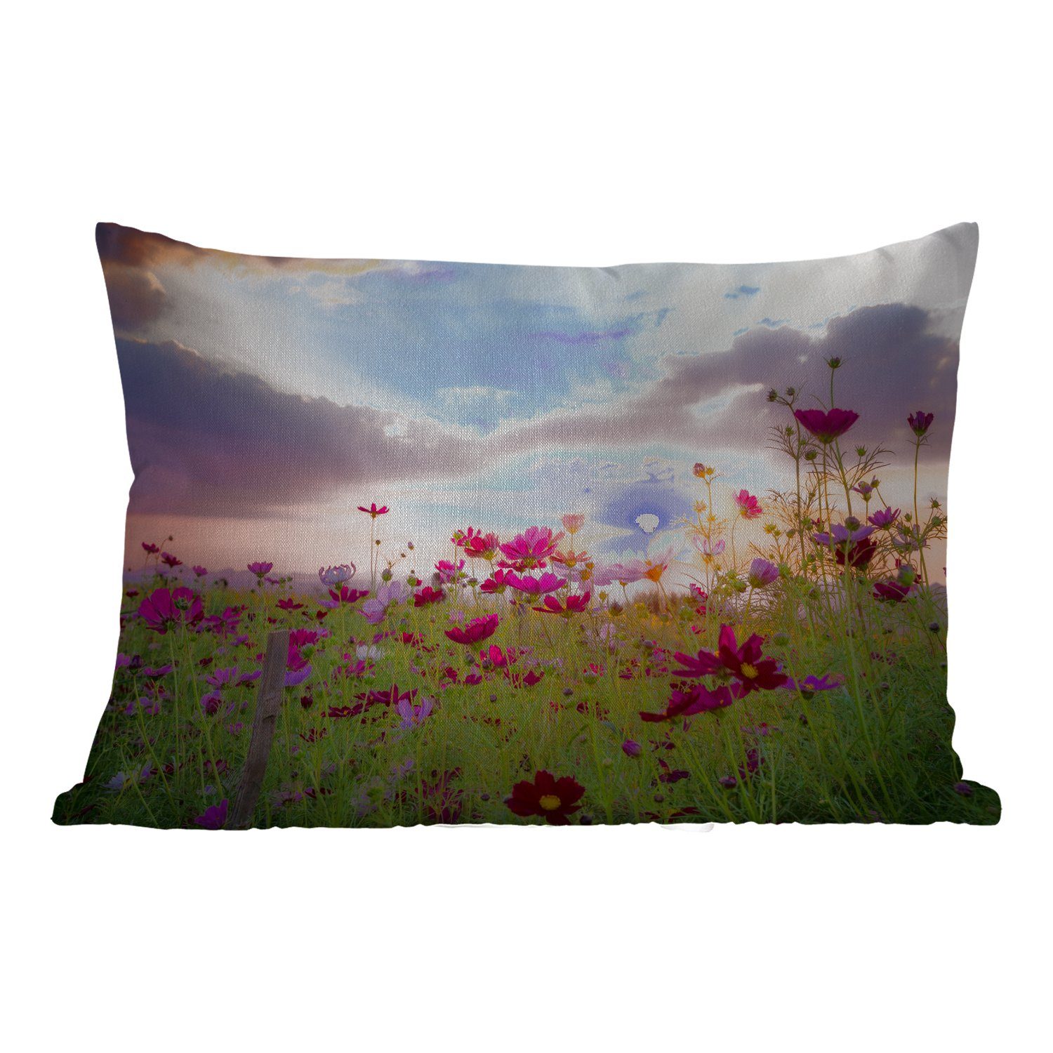 MuchoWow Dekokissen Blumen - Rosa - Sonnenuntergang - Natur - Wiese - Horizont, Outdoor-Dekorationskissen, Polyester, Dekokissenbezug, Kissenhülle