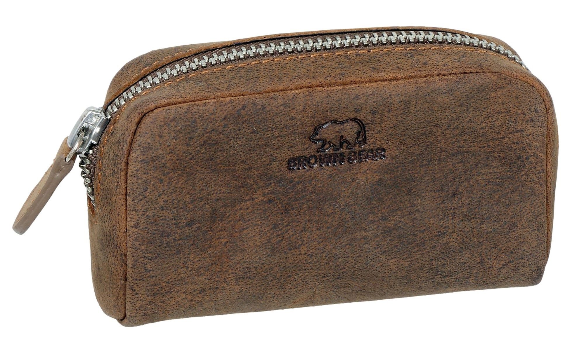Brown Bear Schlüsseltasche Classic 8017-A zwei Schlüsselringe Unisex Echtleder größerer Korpus, Reißverschlussfach Münzbörse Braun-Vintage