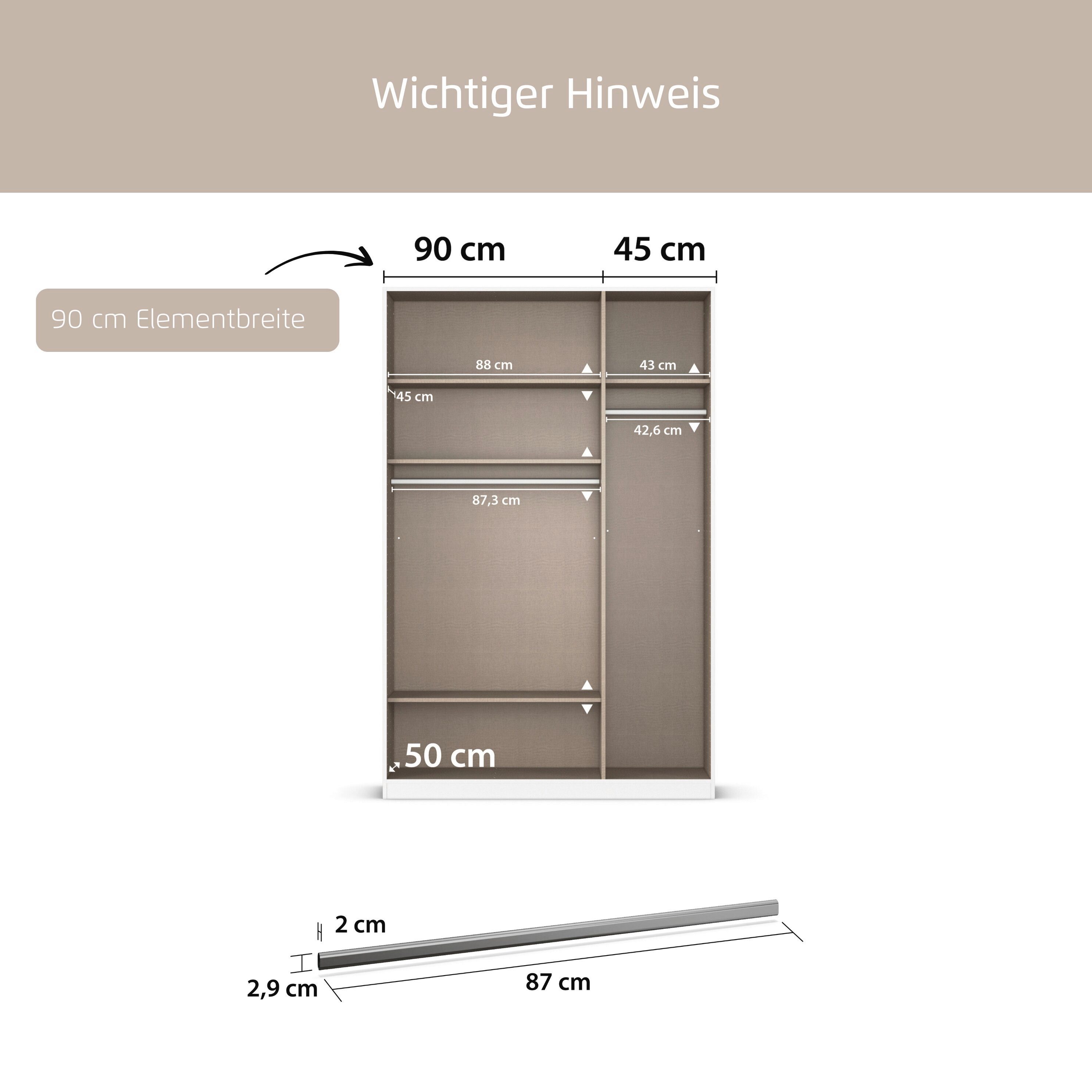 rauch Kleiderstange Zubehör für Rauch-Schränke, Breite 87 cm, für Rauch-Schränke mit Element-Breite 90 cm