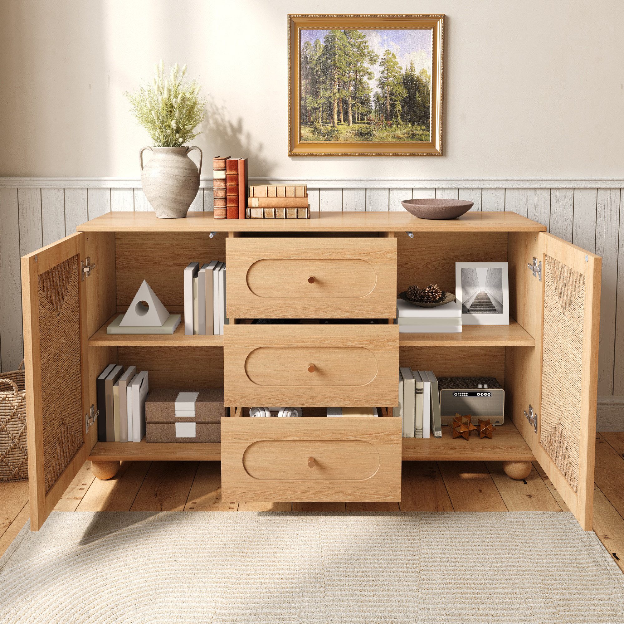 Merax Sideboard mit 2 Seilgeflecht-Türen und drei Schubladen (140 L x 40 B x 80 H cm, 1 St., Flurschrank Aufbewahrungsschrank Anrichte), Kommode mit Einlegeböde – Bild 4 von 5