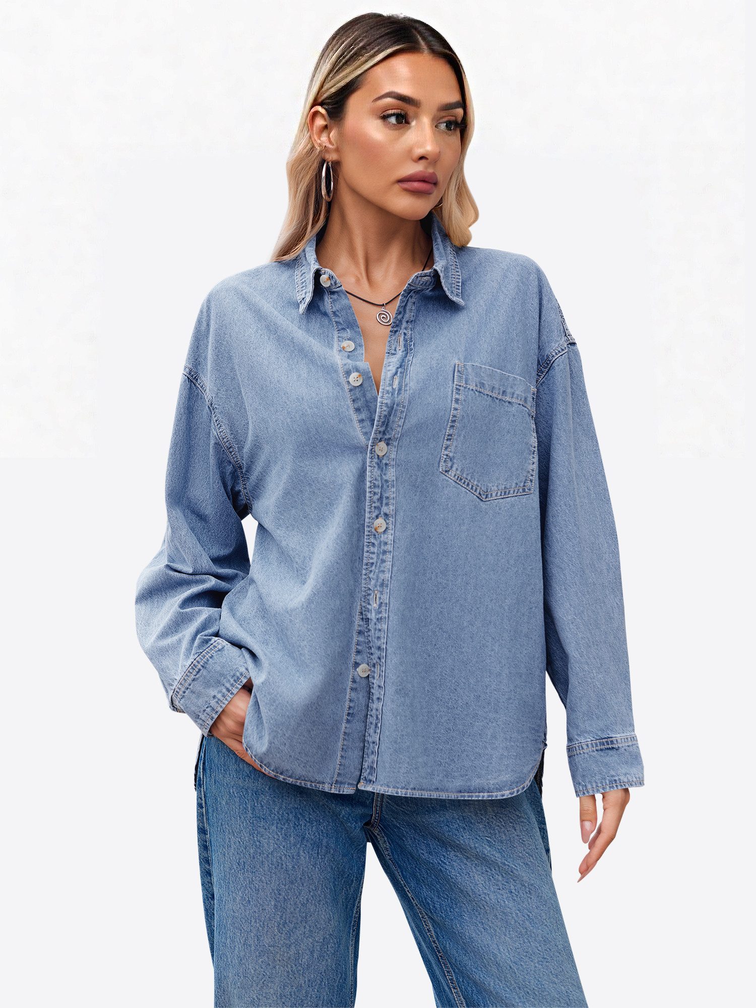 Imily Bela Jeansbluse Damen Lässig Boyfriend Jeansjacke Denim Oberteil (Packung, 1-tlg., 1per-Pack) aus Baumwolle in Unifarbe – Bild 4 von 5
